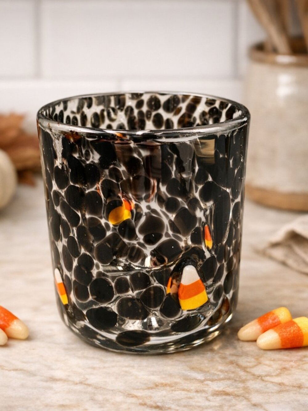 Anthropologie Halloween Mystic Icon Juice Glass Black Confetti Candy Corn 17 oz